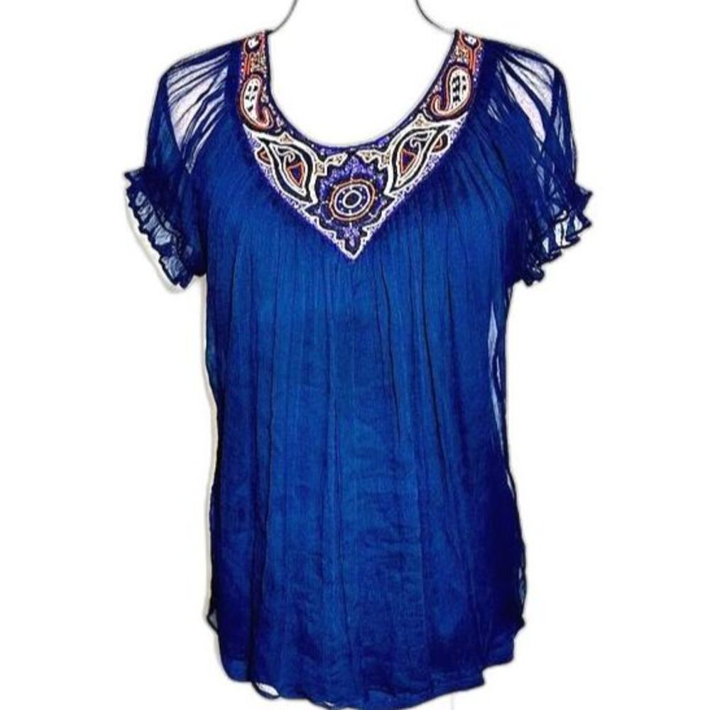 Anthropologie Akiko Blue Beaded Neckline Silk Blouse Top Sz M
